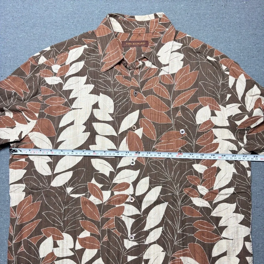 Tori Richard Shirt Mens Medium Brown Silk Leaf Print Short Sleeve Button Down